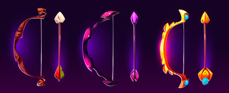 Bow and arrow with neon glowing decorative elements and magic powers for game levels or rank. Cartoon vector illustration set of fantastic wooden, stone and gold archery shoot weapon for rpg.のイラスト素材