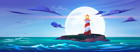 Lighthouse in night sea on rock island landscape illustration. Beacon on cliff in ocean water above full moon. Seascape harbor scenery with navigation building in Oregon. Navigation light rayのイラスト素材