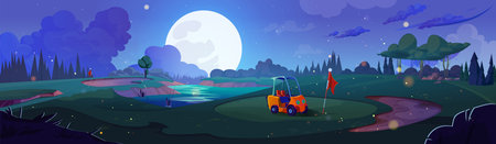 Night golf course field landscape cartoon vector illustration. Flag, ball and car on green grass yard in sport club. Beautiful blue sky with stars and shining full moon. Nature and ground for gameのイラスト素材