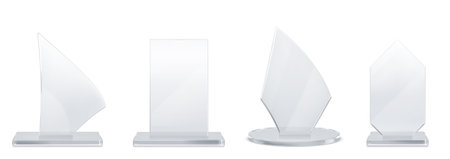 Glass trophies set isolated on white background. Vector realistic illustration of 3d winner awards, abstract hexagon, rhombus, rectangle prize mockups on plastic platforms, best result in competitionのイラスト素材