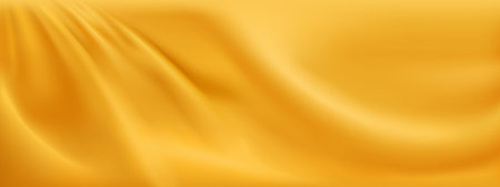 Yellow satin cloth background. Vector realistic illustration of golden silk fabric with wavy surface, luxury soft textile material with smooth shiny texture, curtain with abstract folds, liquid paintのイラスト素材