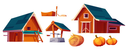 Red wooden farm buildings and harvest. Cartoon vector illustration set of agriculture countryside house and rural equipment - barn, well pipe, drinking trough for cattle, hay roll and ripe pumpkins.のイラスト素材
