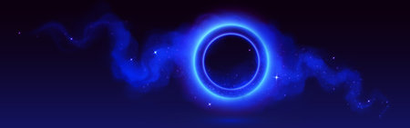 Neon blue circle in sparkling cloud of smoke. Vector realistic illustration of round frame glowing in shimmering fog, milky way stars in night sky, illuminated led light border, abstract stardust mistのイラスト素材