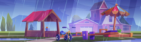 Children playground in rainy weather. Vector cartoon illustration of house yard with sandbox under parasol, wet tricycle, seesaw, wooden hut for kids, rain pouring from cloudy sky, rural neighborhoodのイラスト素材