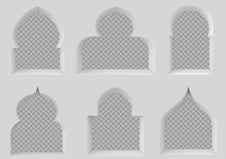 Arch window of mosque or muslim building with transparent hole. Realistic vector illustration set of islamic or indian traditional style geometric arc shape frames of door or gate in white wall.のイラスト素材
