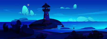 Lighthouse on beach near sea vector landscape background. Light house illustration in dark cartoon coast scene. Beautiful nature environment at midnight. Fantasy adventure bay shore panorama artのイラスト素材