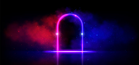 Arch door frame with glowing neon effect and steam. Pink and purple gradient luminous frame surrounded by fog and bright sparkles. Realistic vector illustration of illuminated portal or stage entranceのイラスト素材