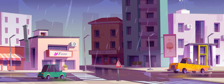 City street intersection in rain - cartoon vector town landscape with multistorey buildings with shop and cafe, cars riding road with cross, sidewalks and puddles under falling rainy drops.のイラスト素材