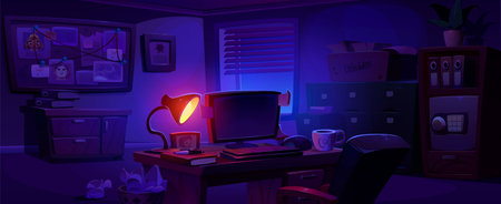 Detective office at night. Vector cartoon illustration of dark police station room with furniture, evidence board on wall, case folders on shelf, computer, coffee cup on desk, investigator workplaceのイラスト素材