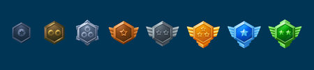 Medal and badge with star and wings for game ui level rank design. Cartoon vector illustration set of various colorful hexagon gui award labels and trophy for achievement. Medieval reward emblem.のイラスト素材