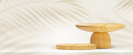 Wooden platforms on beige wall background with plant shadow. Vector realistic illustration of natural wood podiums for products presentation, round shape pedestal mockup, organic cosmetics advertisingのイラスト素材