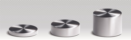 Silver 3D cylinders set isolated on transparent background. Vector realistic illustration of stainless steel podiums, low and tall product exhibition stage with glossy metal surface, button mockupのイラスト素材