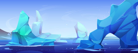 Iceberg pieces floating on sea water. Vector cartoon illustration of antarctic seascape, blue ice blocks and arch floes above cold ocean surface, north pole glacier, winter game landscape designのイラスト素材