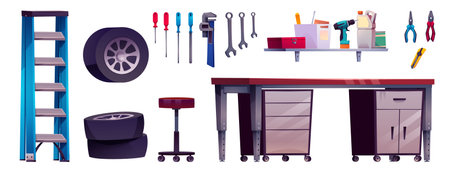 Cartoon garage interior furniture and working tools. Vector illustration set of storeroom elements, car repair and workspace equipment - table and chair, stepladder, instruments on wall, car tires.のイラスト素材