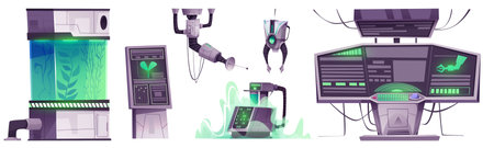 Equipment and machinery for space research laboratory. Cartoon interior elements for scientific experiments on spaceship - computers and monitors with graphs, robots and plants in capsule with liquid.のイラスト素材