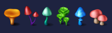 Fantasy mushrooms set isolated on background. Vector cartoon illustration of magic fungi in neon blue, green, yellow, red, turquoise colors, fairytale forest design elements for game user interfaceのイラスト素材