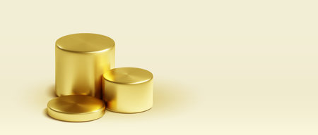 Golden 3D cylinders on beige background. Vector realistic illustration of yellow metal podiums for luxury product exhibition, banner decoration with glossy surface, cosmetics or jewelry presentationのイラスト素材