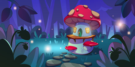 Gnome mushroom houses in night forest. Vector cartoon illustration of fly agaric hut with door and windows in grass on dark wood glade, fireflies glowing with neon light between trees, game backgroundのイラスト素材