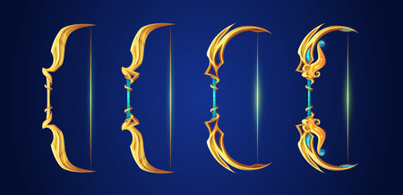 Magic bows game set isolated on background. Vector cartoon illustration of golden weapons with shiny bowstring and handle decorated with blue gemstones, medieval crossbows, hunting tools, game propsのイラスト素材