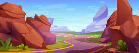 Winding mountain road perspective. Vector cartoon illustration of huge rocky stones and green plants along steep highway with sharp turns, sunny blue sky, vacation travel route, canyon on horizonのイラスト素材