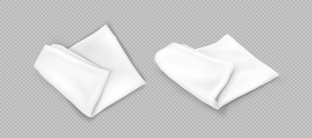 White handkerchief mockup - empty folded cotton or silk fabric napkin or kitchen towel. Realistic vector set of microfiber dishcloth or picnic plaid. Template of blank blanket or cloth serviette.のイラスト素材