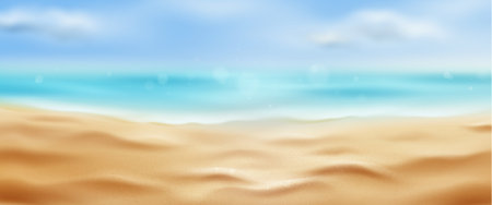 Blurred tropical summer beach background. Vector realistic illustration of sandy sea coast with sparkling particles, blue ocean water and sunny sky, holiday resort ad banner, relax on exotic islandのイラスト素材