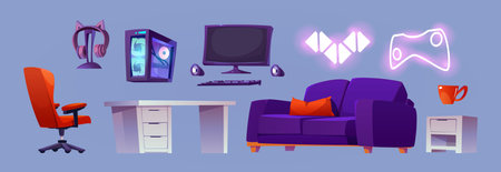 Gamer room design elements isolated on background. Vector cartoon illustration of desktop computer, earphones and system unit, armchair and desk, couch and drawer with cup, neon led lights for decorのイラスト素材