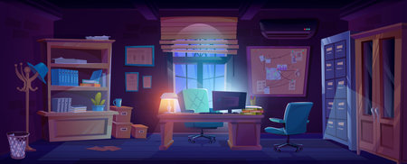 Detective room or police office interior with furniture and equipment in night or evening. Crime bureau with pc on desk and chair, investigation map on pin board, bookcase with archive documents.のイラスト素材