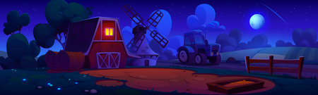 Night farm yard with tractor under starry sky. Vector cartoon illustration of haystacks, wooden trough near barn and old stone windmill, field crops, bushes and trees, moonlit summer village landscapeのイラスト素材