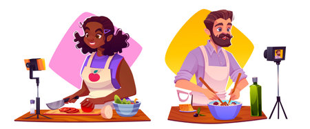 Food bloggers cooking healthy food on camera isolated on white background. Vector cartoon illustration of amateur cook man and woman streaming kitchen video online, ingredients on table, vlog contentのイラスト素材