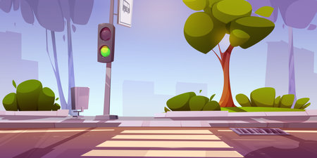 City street with road crossing and green traffic light. Vector cartoon illustration of pedestrian crosswalk in summer town with trees, sewage grate on pavement, bus stop sign, cityscape shadowsのイラスト素材