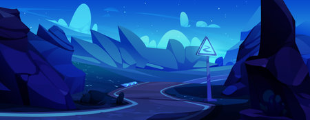Winding mountain road perspective at night. Vector cartoon illustration of warning traffic sign on highway, huge rocky stones along steep route with sharp turns, stars in dark sky, canyon on horizonのイラスト素材