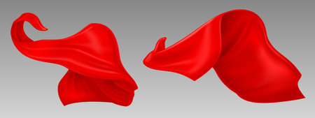 Flying and floating in air ribbon of red silk cloth. Realistic vector illustration set of waving in wind satin scarf or curtain. Breeze blowing soft smooth textile fabric pieces. Curve tissue drapery.のイラスト素材
