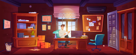 Cartoon male detective sits in armchair in his office thinking about crime detection. Investigation bureau room interior with pc on desk, research map on pin board, bookcase with archive documents.のイラスト素材