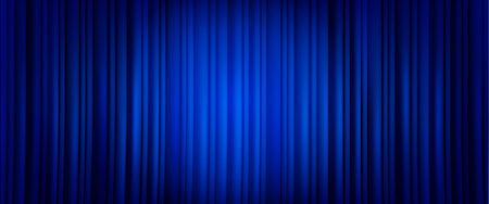 Closed blue theater or cinema curtain on stage with circle spotlight. Realistic vector background of broadway show or movie ceremony fabric waved drapery. Backdrop velvet tissue on scene with light.のイラスト素材