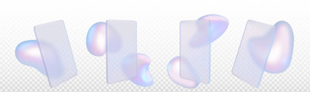 3d holographic glass morphism abstract liquid bubble shape. Futuristic chrome colorful iridescent color dynamic form with card surface and blur effect on surface isolated on transparent backgroundのイラスト素材