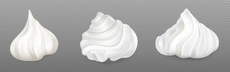 3d isolated white cake cream whip swirl vector. Ice vanilla foam food decoration. Frozen creamy yogurt texture pack for decorating bakery dessert. Realistic frosting topping whipped twirl pile set.のイラスト素材