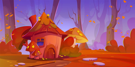 Gnome mushroom house in autumn forest. Vector cartoon illustration of fairytale woodland with small dwarf hut, round wooden window and door, stone footpath, yellow leaves flying in wind, fall seasonのイラスト素材