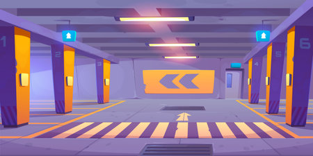 Underground parking lot. Vector cartoon illustration of basement garage in house or shopping mall, places for cars marked with numbers, crossing, exit signs on wall, lamps on ceiling, shelter for autoのイラスト素材