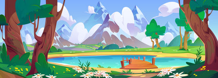 Blue lake with wooden pier and mountain view. Vector cartoon illustration of summer forest trees, flowers and green grass in valley, glacier on snowy Alpine peaks, beautiful scenery for recreationのイラスト素材