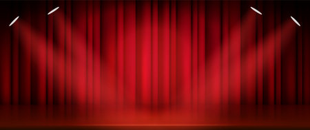 Theater or cinema stage with closed red curtain and soffit with spotlight. Realistic vector illustration of broadway show or movie ceremony fabric waved drapery on scene with light. Cloth background.のイラスト素材
