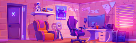 Computer gaming blogger studio. Vector cartoon illustration of lounge room with desktop pc, microphone, round led lamp, smartphone for streaming, armchairs, books and toy robot on shelf, wall posterのイラスト素材