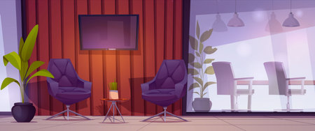 Modern company office with meeting room. Vector cartoon illustration of reception hall with armchairs and flower on table, tv screen, chairs and desk behind glass wall, workspace for business talksのイラスト素材