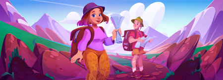 Tourists hiking in mountains with maps. Vector cartoon illustration of man and woman with backpacks smiling on travel route, people enjoying vacation tour and nature recreation, active lifestyleのイラスト素材