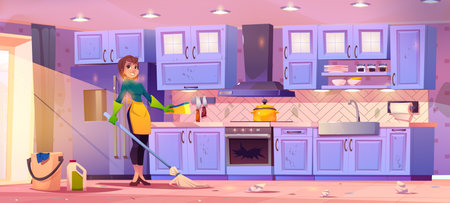 Housewife cleaning messy kitchen. Vector cartoon illustration of smiling woman with broom and sponge, bucket and bottle of detergent, garbage on dirty floor, broken oven glass, housekeeping workのイラスト素材