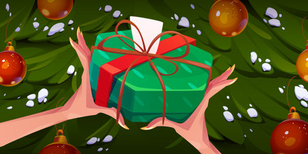 Female hands holding gift box on Christmas tree background. Vector cartoon illustration of merry Xmas present, surprise package wrapped in green paper with red ribbon bow, blank card, winter holidaysのイラスト素材