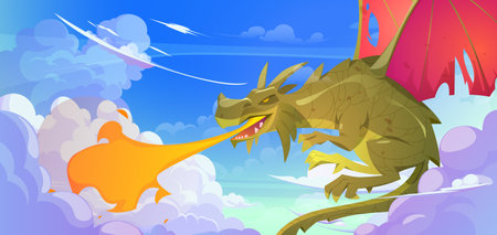 Fantasy dragon breathing with fire in blue sky. Vector cartoon illustration of magic fairytale animal with wings and claws attacking with mouth flame, medieval adventure game character, reptile mascotのイラスト素材