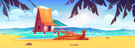 Fisherman house with pier on beach. Vector cartoon illustration of tropical island, ocean water waves washing sandy coast, exotic palm trees, wooden bridge connecting shabby bungalow hut with shoreのイラスト素材