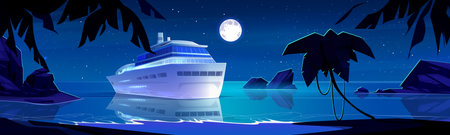 Large cruise ship in sea or ocean off coast at night. Cartoon vector dark twilight landscape of vacation and travel liner in water near sandy beach with palm trees under moonlight. Luxury trip boat.のイラスト素材