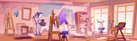 Abandoned art studio room interior. Vector cartoon illustration of old artist workshop with damaged furniture, cracked sculptures and painting canvas on dusty shelf, cobweb on walls, wooden easelのイラスト素材
